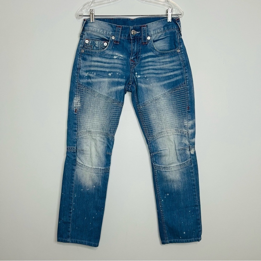 True Religion Blue Acod Spot Washed Slim Moto Jeans 30W
